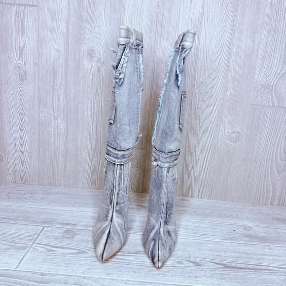 Denim light wash blue jean Raw Edge Pointy Toe Stiletto High Leg Boots 7 pocket - Picture 3 of 7